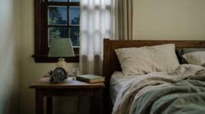 Despertador analógico sobre una mesilla de noche junto a una cama deshecha, de madrugada