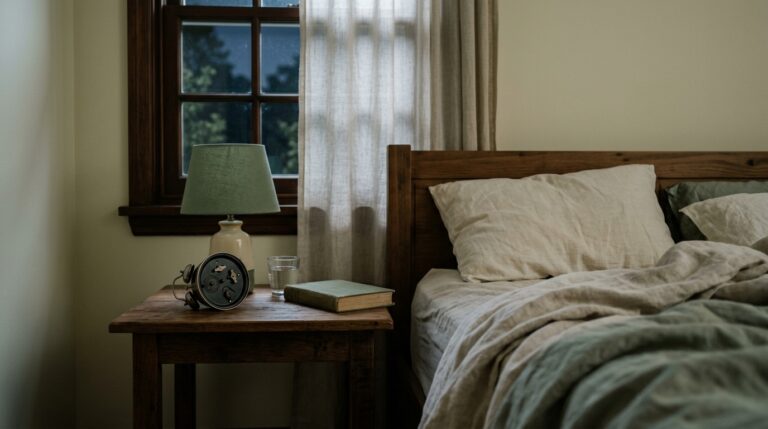 Despertador anal&oacute;gico sobre una mesilla de noche junto a una cama deshecha, de madrugada