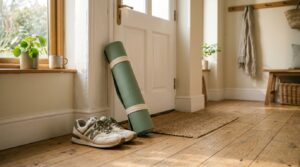 Zapatillas de deporte y una esterilla enrollada junto a la puerta de casa, con luz de mañana
