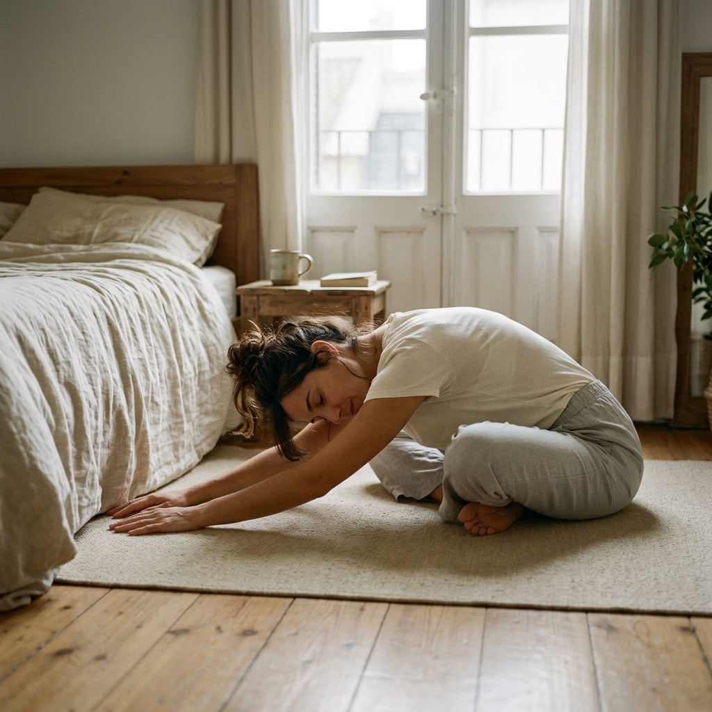 Mujer estirando la espalda en el suelo del dormitorio, junto a la cama de lino, con la luz de primera hora entrando por la ventana