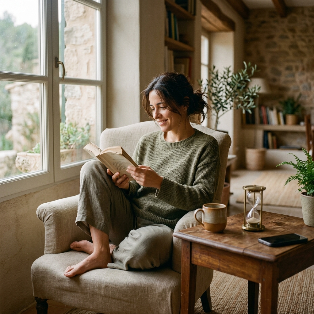 Mujer leyendo un libro sentada en un sillón junto a la ventana, con el móvil boca abajo en la mesita