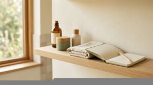 Repisa de baño con tres productos de cuidado facial, una toalla de lino y un cuaderno abierto, con luz natural de la mañana