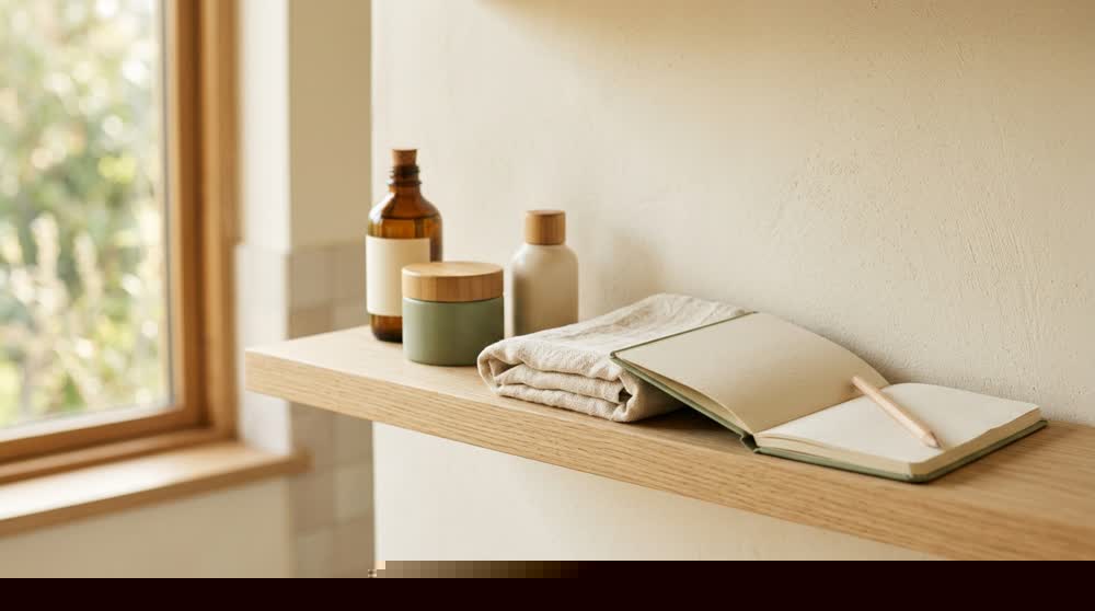 Repisa de baño con tres productos de cuidado facial, una toalla de lino y un cuaderno abierto, con luz natural de la mañana