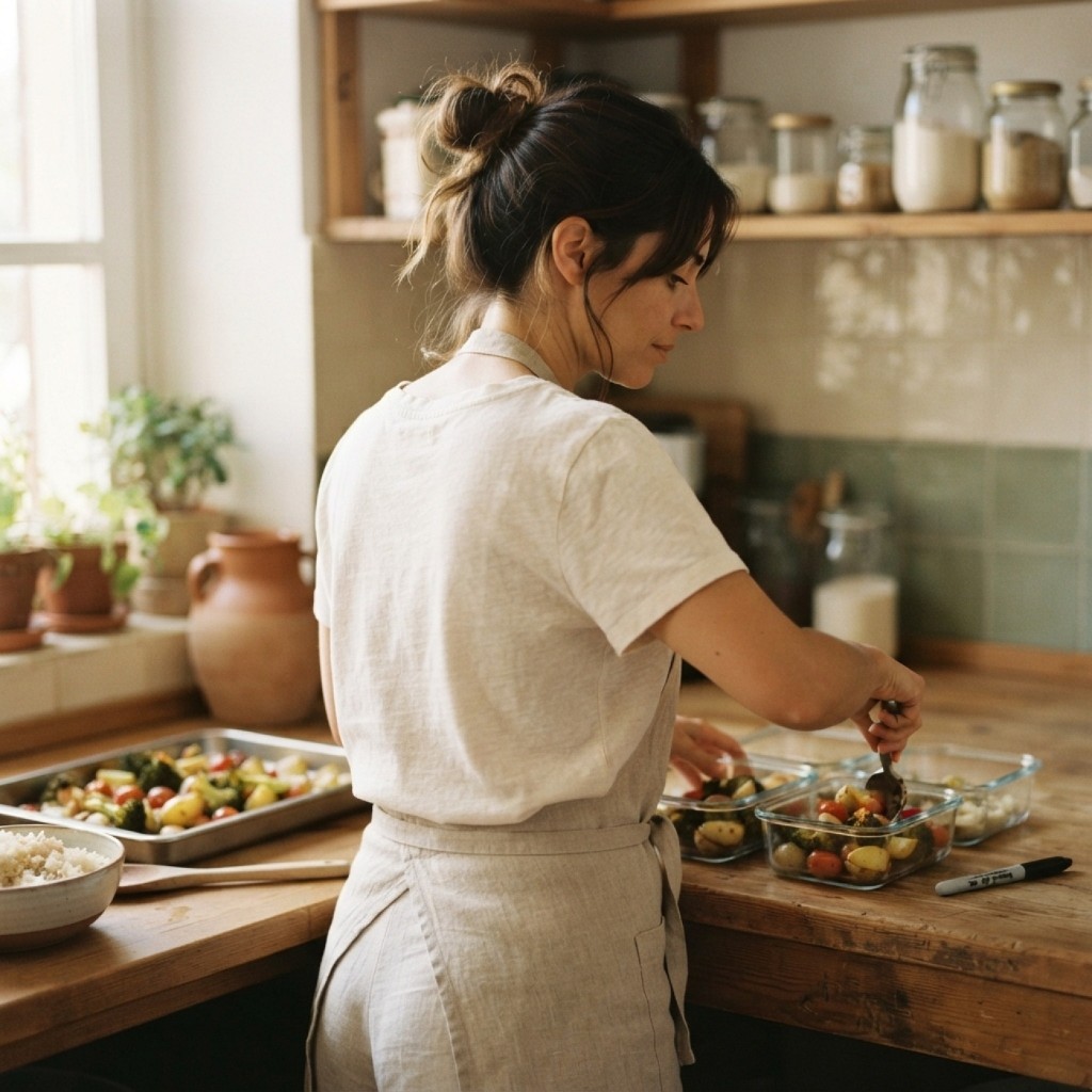 Mujer repartiendo comida recién cocinada en táperes de cristal sobre la encimera de la cocina