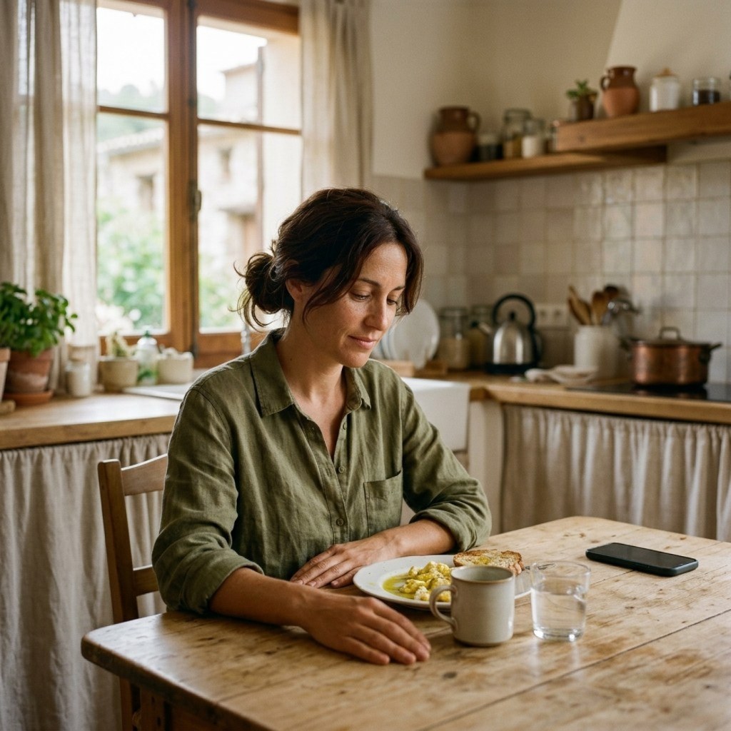 Mujer sentada a la mesa de la cocina mirando su plato, con el móvil boca abajo en el otro extremo de la mesa y luz natural entrando por la ventana