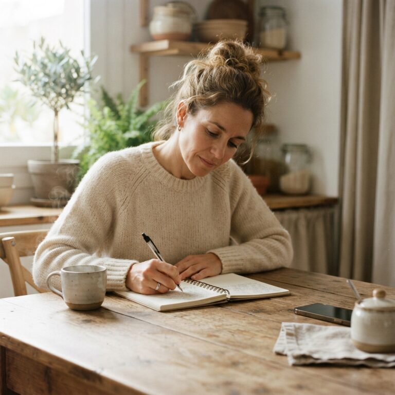 Mujer escribiendo a mano en una libreta a primera hora de la mañana, con un café al lado y el móvil boca abajo