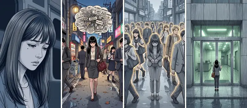 Cuatro viñetas de estilo manga: Hana en el tren, caminando de noche con una nube de pensamientos sobre la cabeza, entre la multitud y entrando en la oficina